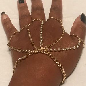 Gold Tone Hand Chain Bracelet w/ Rhinestones | Ring to Wrist Bracelet